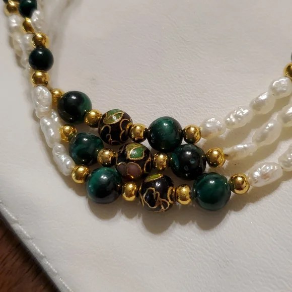 Bohemian Fresh Water Pearl, Malachite,  Cloisonne Bracelet - Picture 2 of 4